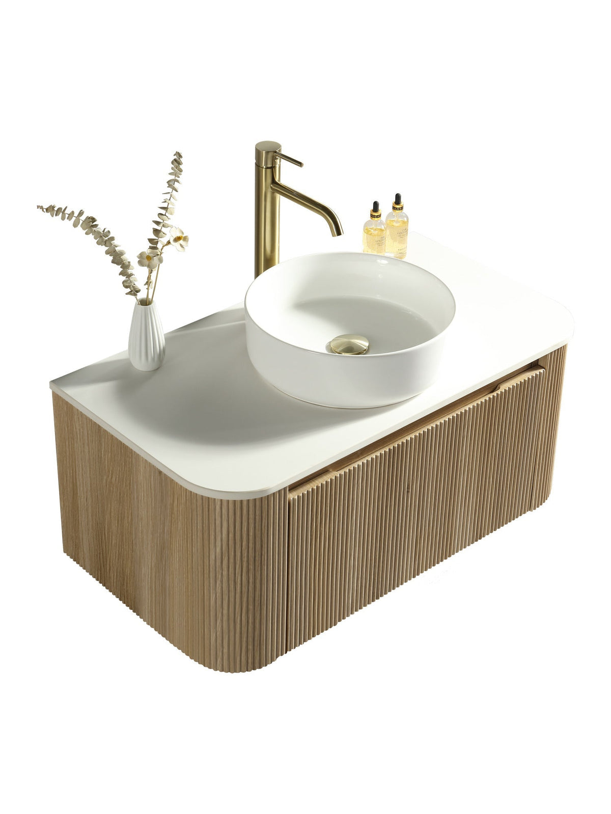 Flauto 870mm curved corner vanity unit with sintered stone countertop