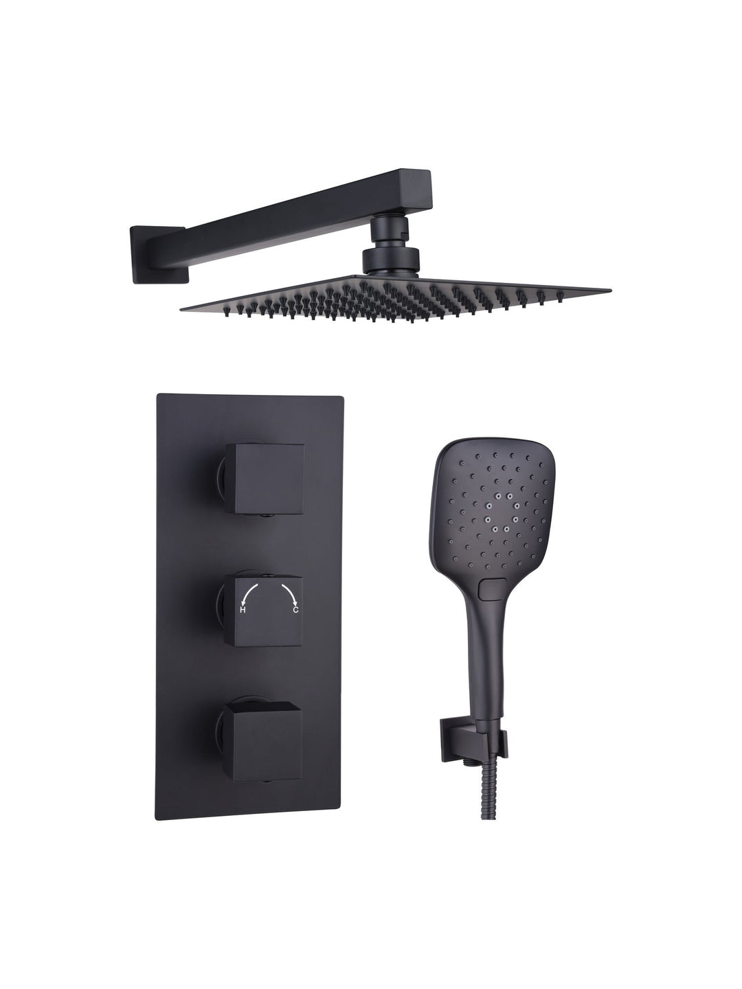 Black Concealed Thermostatic 3 Handle 2 Way Shower Kit with SS Head Square