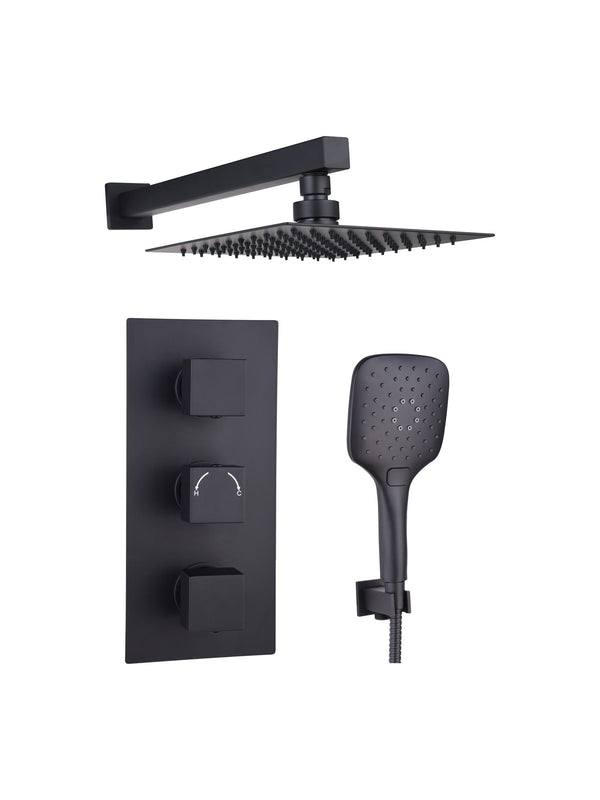 Black Concealed Thermostatic 3 Handle 2 Way Shower Kit with SS Head Square
