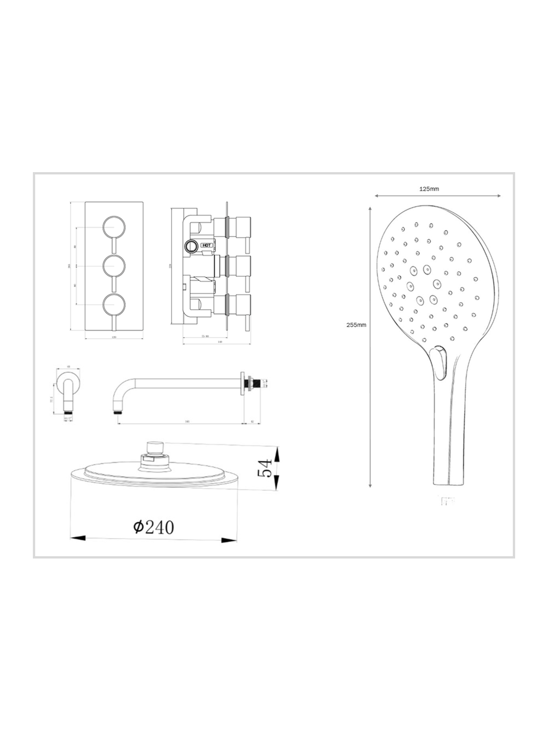 Black Concealed Thermostatic 3 Handle 2 Way Shower Kit with SS Head Round