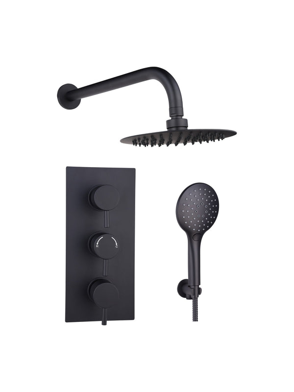 Black Concealed Thermostatic 3 Handle 2 Way Shower Kit with SS Head Round