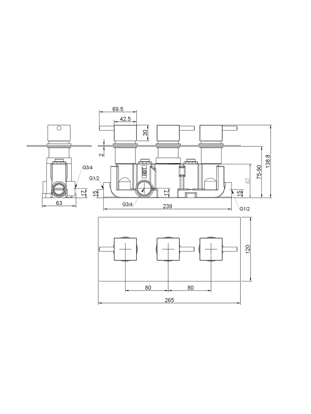 Orca Concealed Thermostatic 2 Way Shower Valve Square 3 Handle