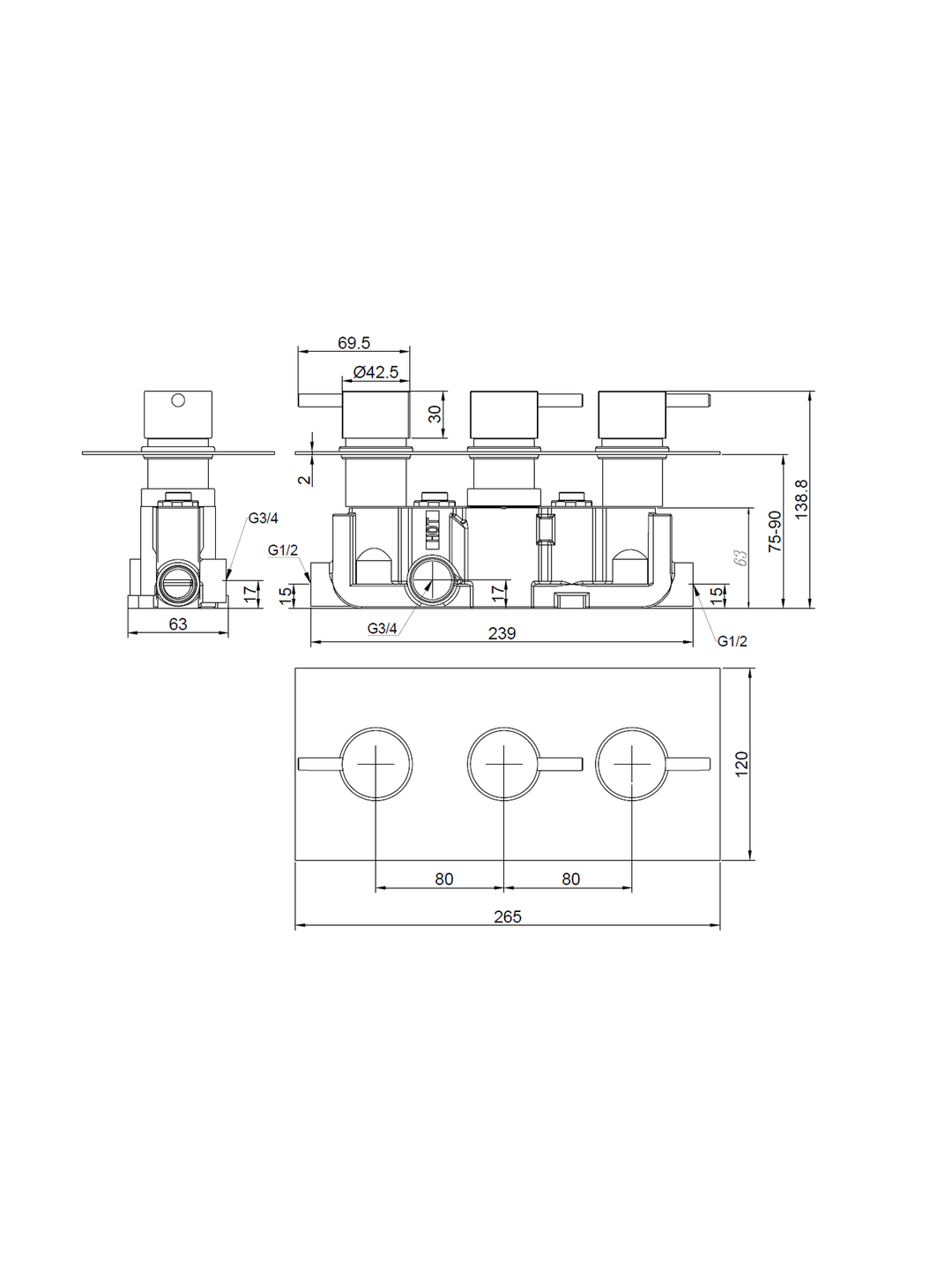 Orca Concealed Thermostatic 2 Way Shower Valve Round 3 Handle
