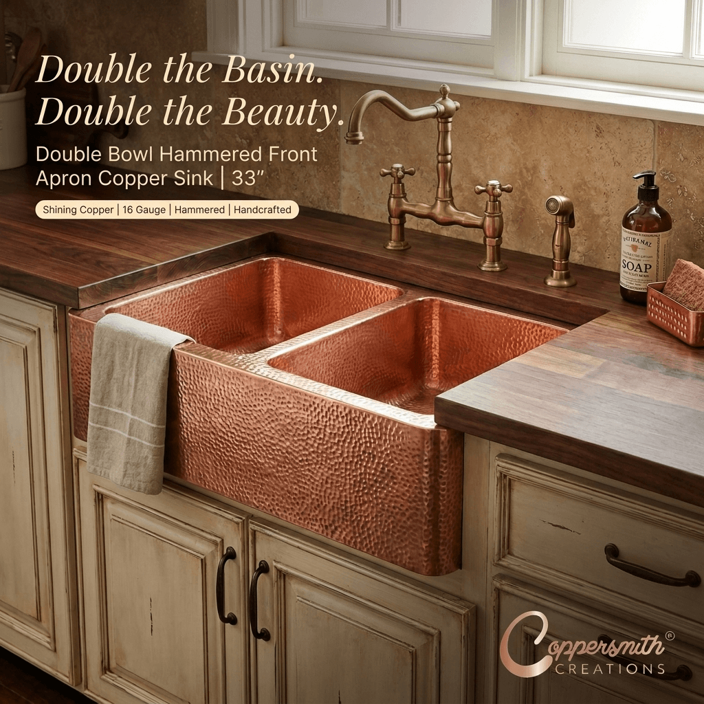 Double Bowl Hammered Front Apron Copper Kitchen Sink Shining Copper Finish