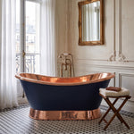 Load image into Gallery viewer, Slanting Base Copper Bathtub Copper Interior &amp; on Base RAL5022 Night Blue Exterior
