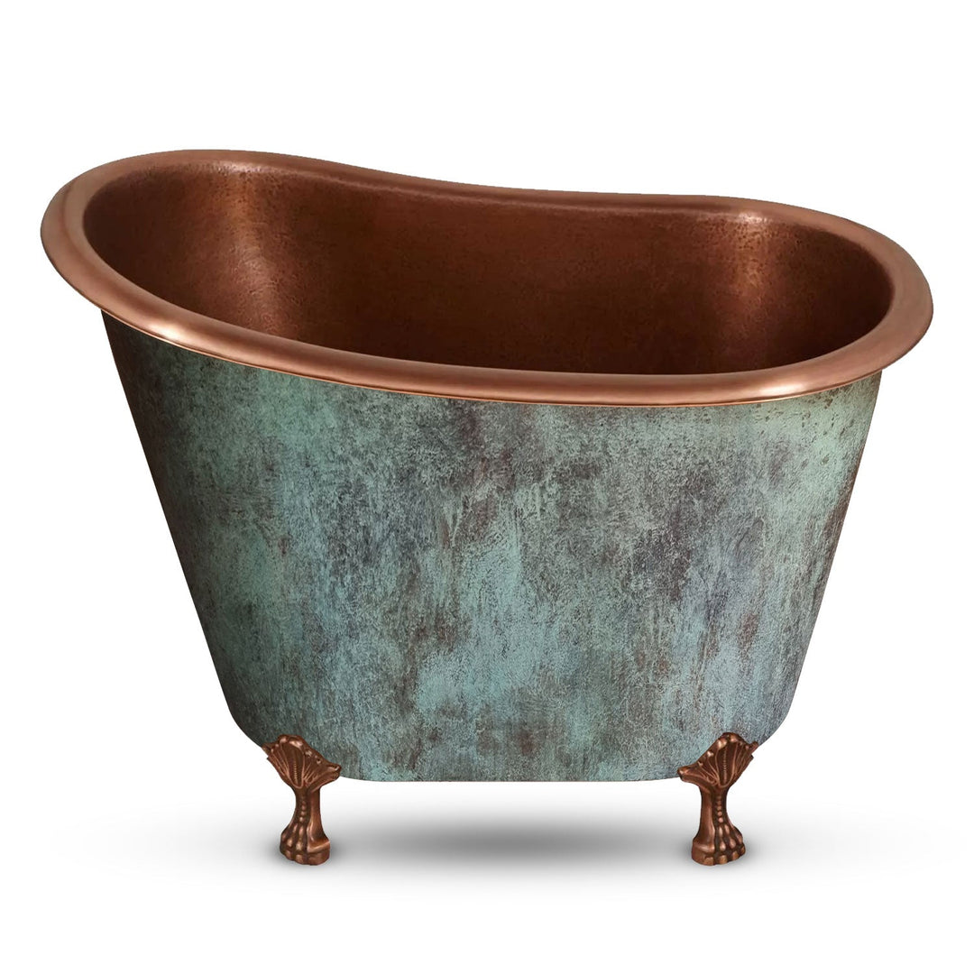 Clawfoot Bathtub Hammered Copper Single-Slipper Blue-Green Patina Soaking Tub 49-inch