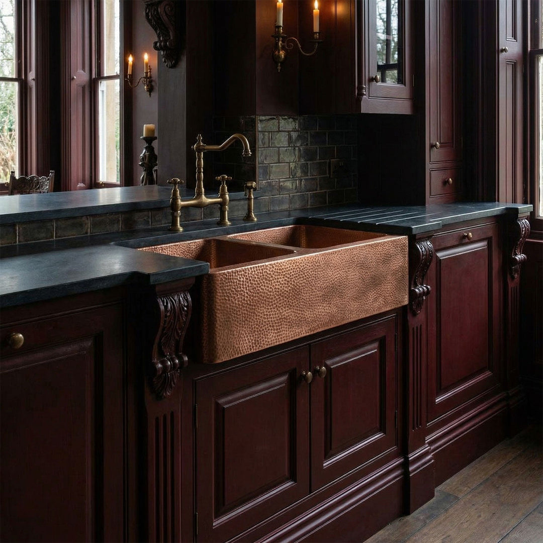 Double Bowl Hammered Front Apron Copper Kitchen Sink Antique Finish