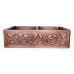 Load image into Gallery viewer, Double Bowl Petal Front Apron Copper Kitchen Sink
