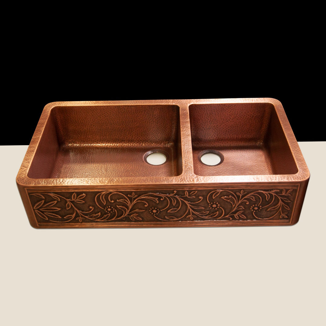 Double Bowl Vine Design Front Apron Copper Kitchen Sink 60-40 Split