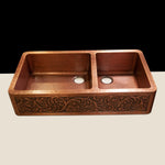 Load image into Gallery viewer, Double Bowl Vine Design Front Apron Copper Kitchen Sink 60-40 Split
