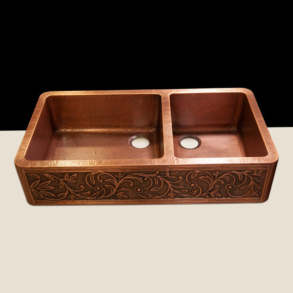 Double Bowl Vine Design Front Apron Copper Kitchen Sink 60-40 Split
