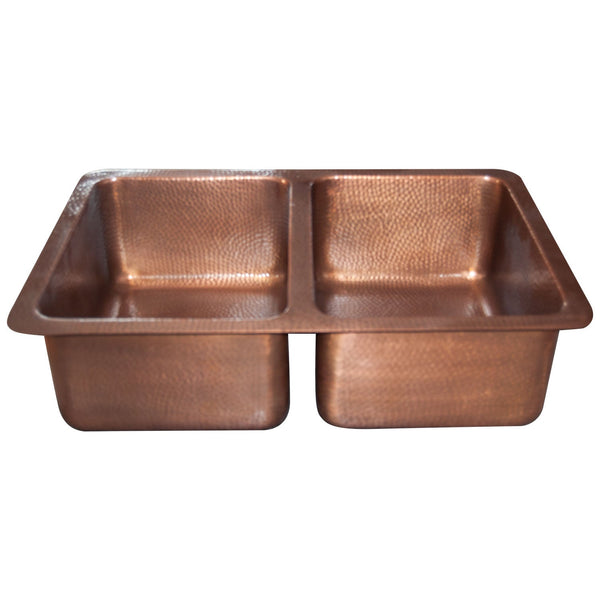 Double Bowl Single Wall Copper Kitchen Sink Hammered Antique Finish (without front apron)