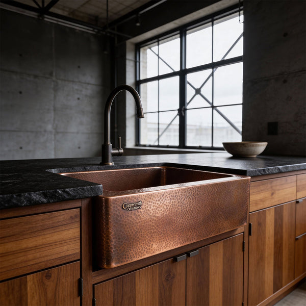 Copper Sink Hammered Front Apron 24.50 x 18.50 x 7 inch