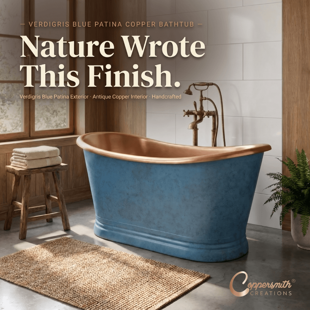Slanted Cascading Base Copper Bathtub Verdigris Blue Patina Exterior & Antique Finish Interior