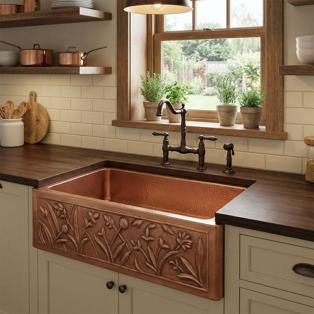 Single Bowl Flower Front Apron Copper Kitchen Sink