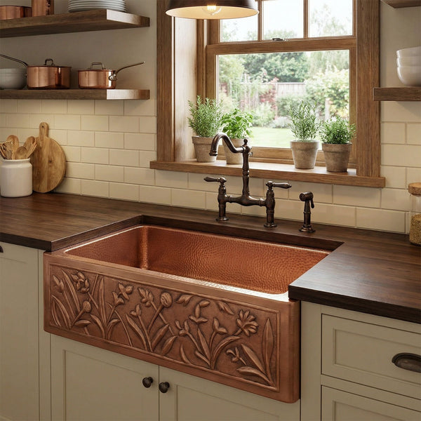 Single Bowl Flower Front Apron Copper Kitchen Sink