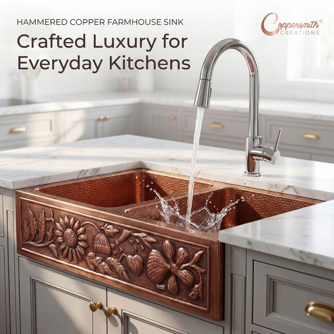 Double Bowl Sunflower Design Front Apron Copper Kitchen Sink