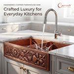 Load image into Gallery viewer, Double Bowl Sunflower Design Front Apron Copper Kitchen Sink
