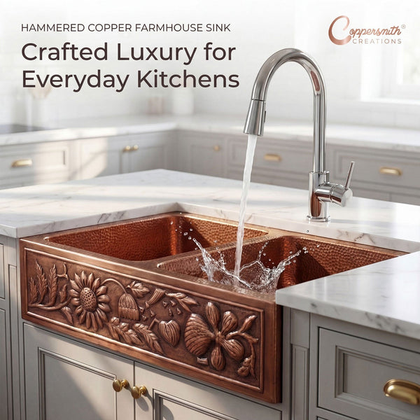 Double Bowl Sunflower Design Front Apron Copper Kitchen Sink