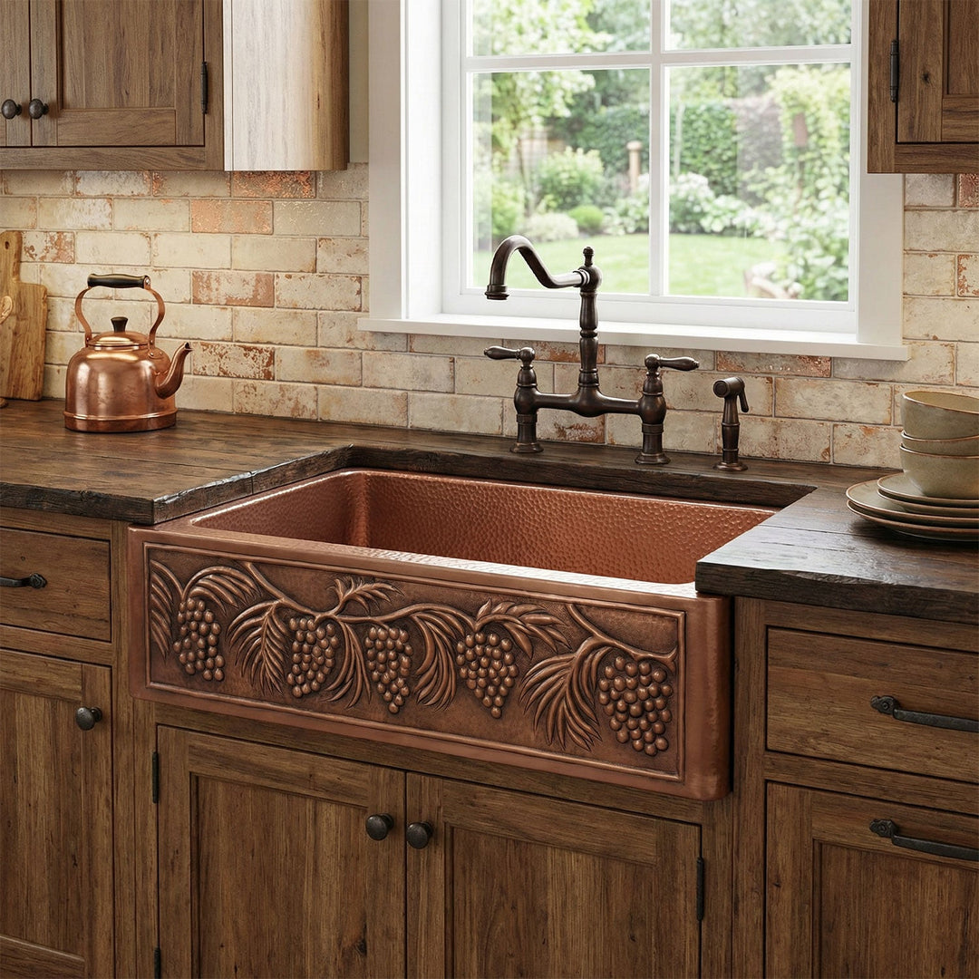 Single Bowl Five Grape Front Apron Copper Kitchen Sink