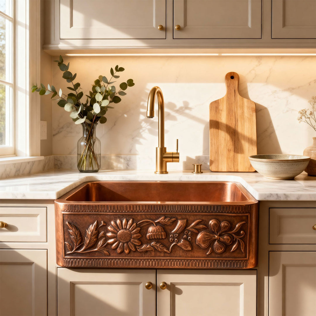 Copper Farmhouse Sink Sunflower Front Apron