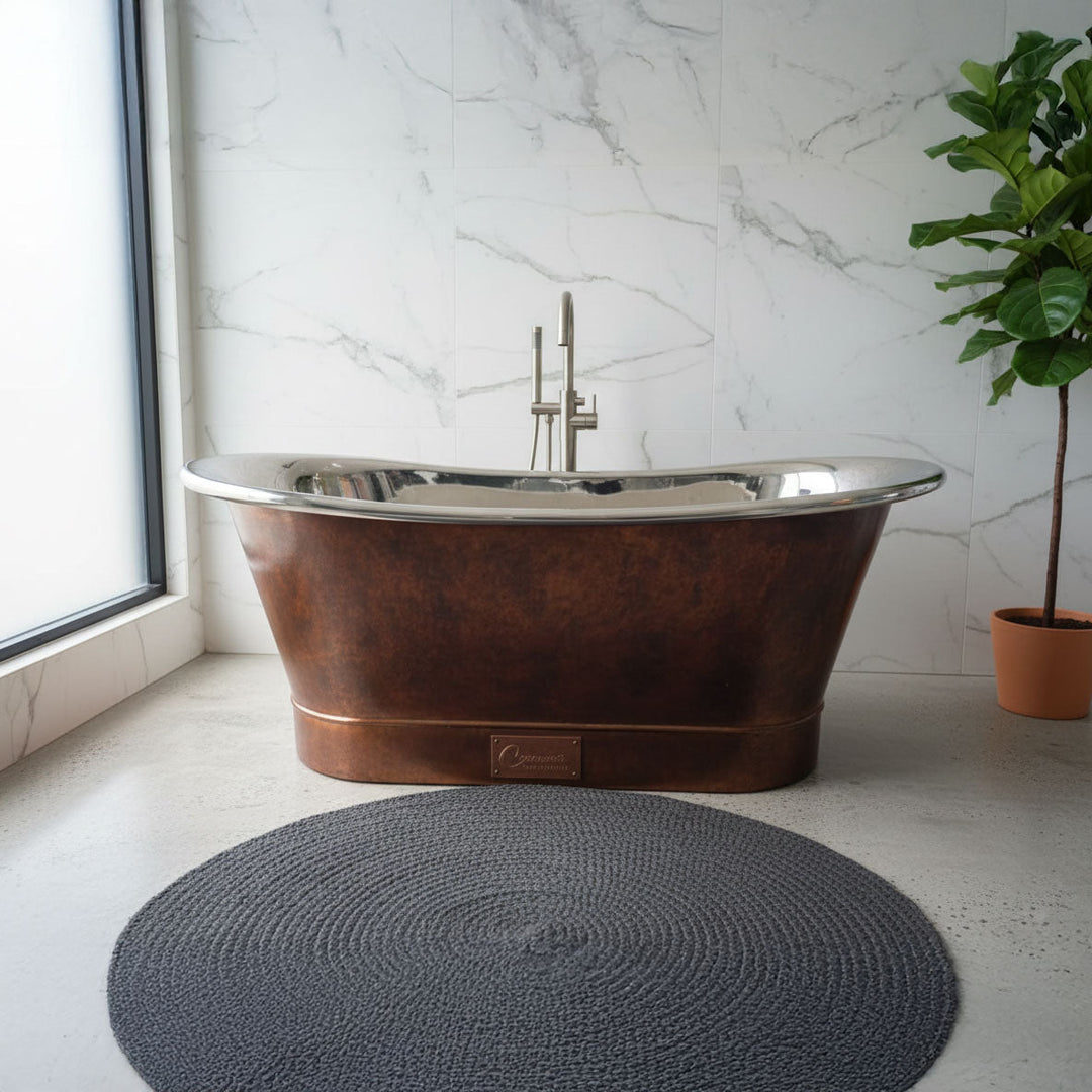Straight Base Copper Bathtub Nickel Inside & Weathered Antique Finish Copper Outside