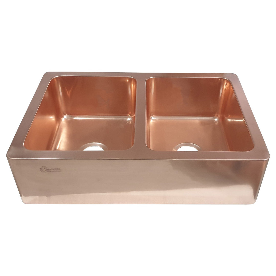 Double Bowl Smooth Front Apron Copper Kitchen Sink Plain Shiny Finish