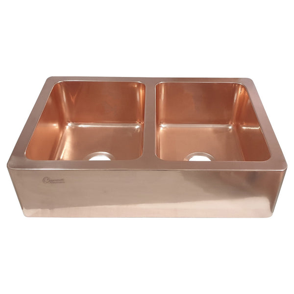 Double Bowl Smooth Front Apron Copper Kitchen Sink Plain Shiny Finish
