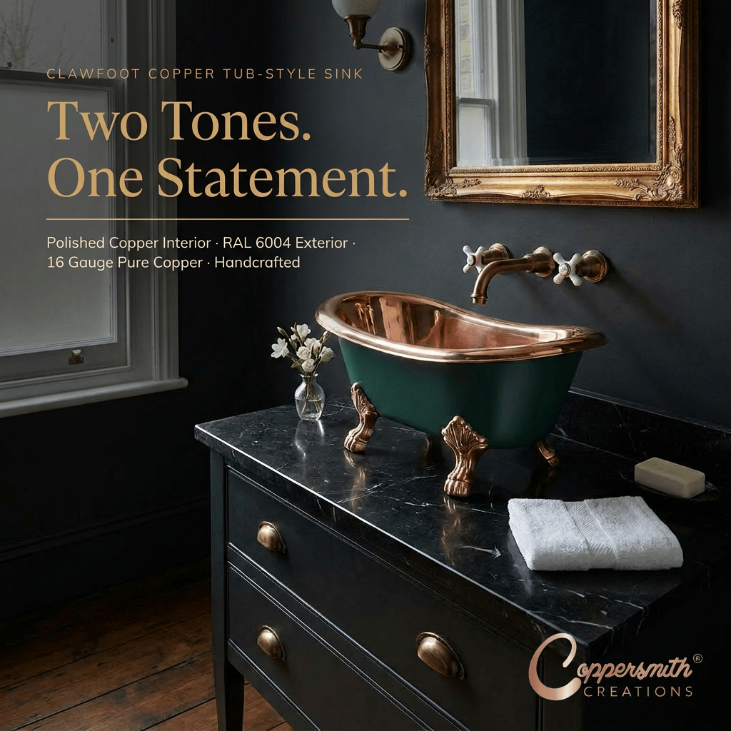 Clawfoot Copper Tub Style Sink Polish Copper Inside & RAL 6004 Outside