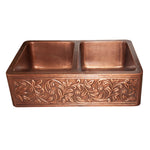 Load image into Gallery viewer, Double Bowl Vine Design Front Apron Copper Kitchen Sink
