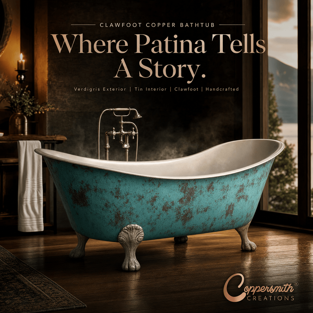 Clawfoot Copper Bathtub Verdigris Patina Exterior & Tin Interior Double Slipper
