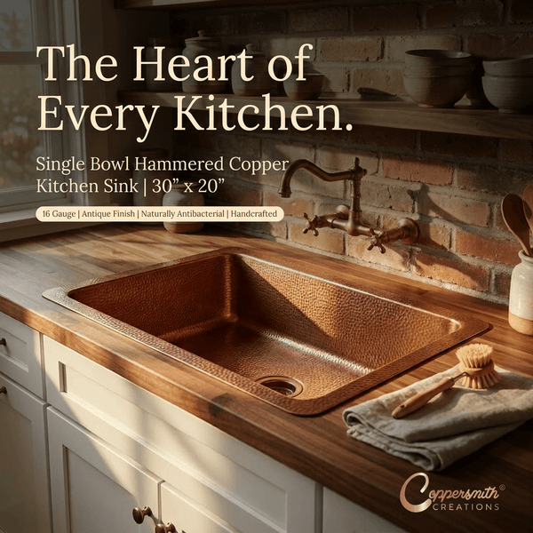 Single Bowl Single Wall Hammered Copper Kitchen Sink Unlacquered Dark Antique Finish (without front apron)