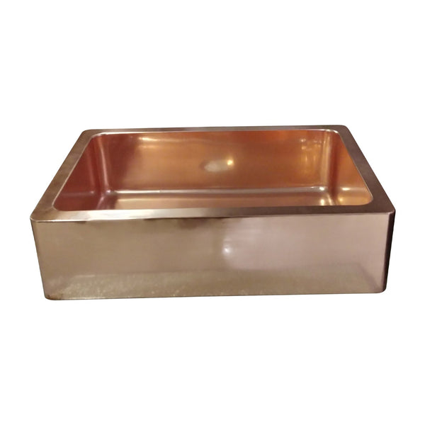 Single Bowl Smooth Front Apron Copper Kitchen Sink Plain Shining Copper Finish