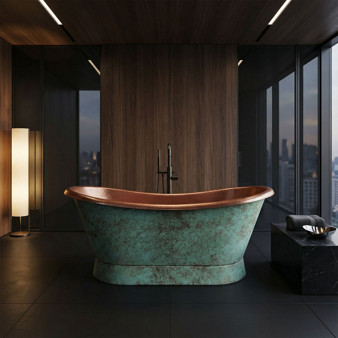 Slanting Base Copper Bathtub Hammered Antique Copper Interior & Patina Exterior Finish
