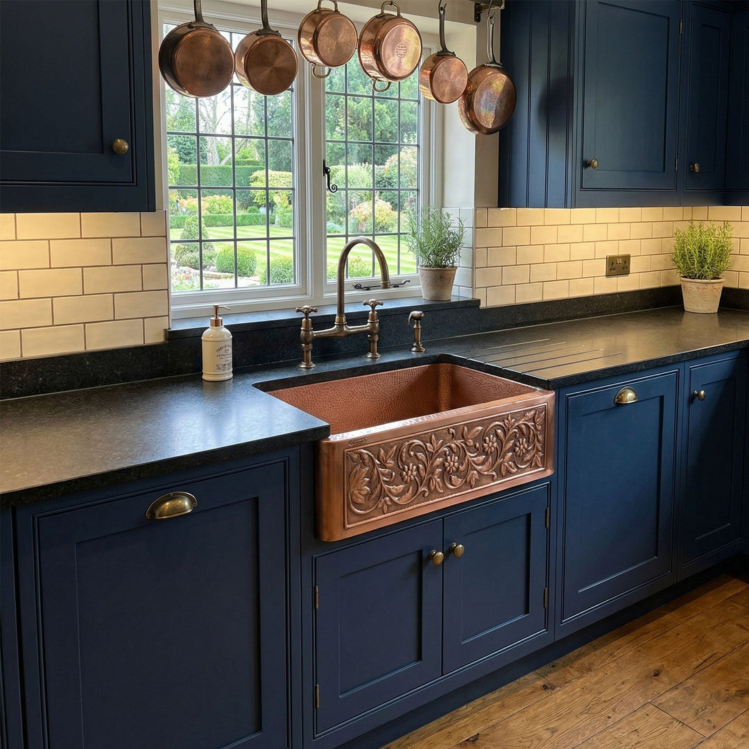 Single Bowl Vine Design Front Apron Copper Kitchen Sink