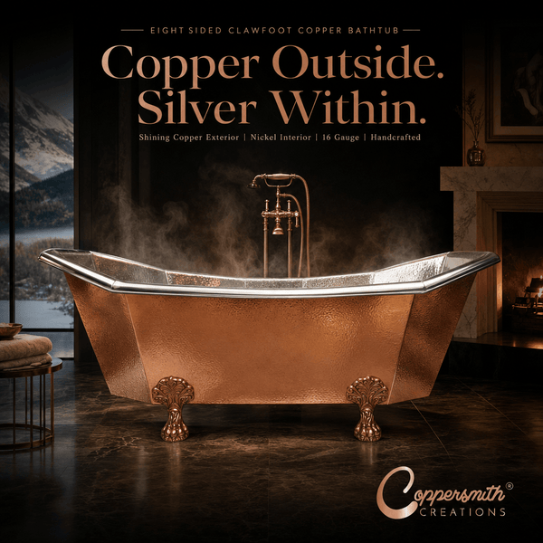 Eight Sided Clawfoot Copper Bathtub Nickel Inside Outside Shining Copper