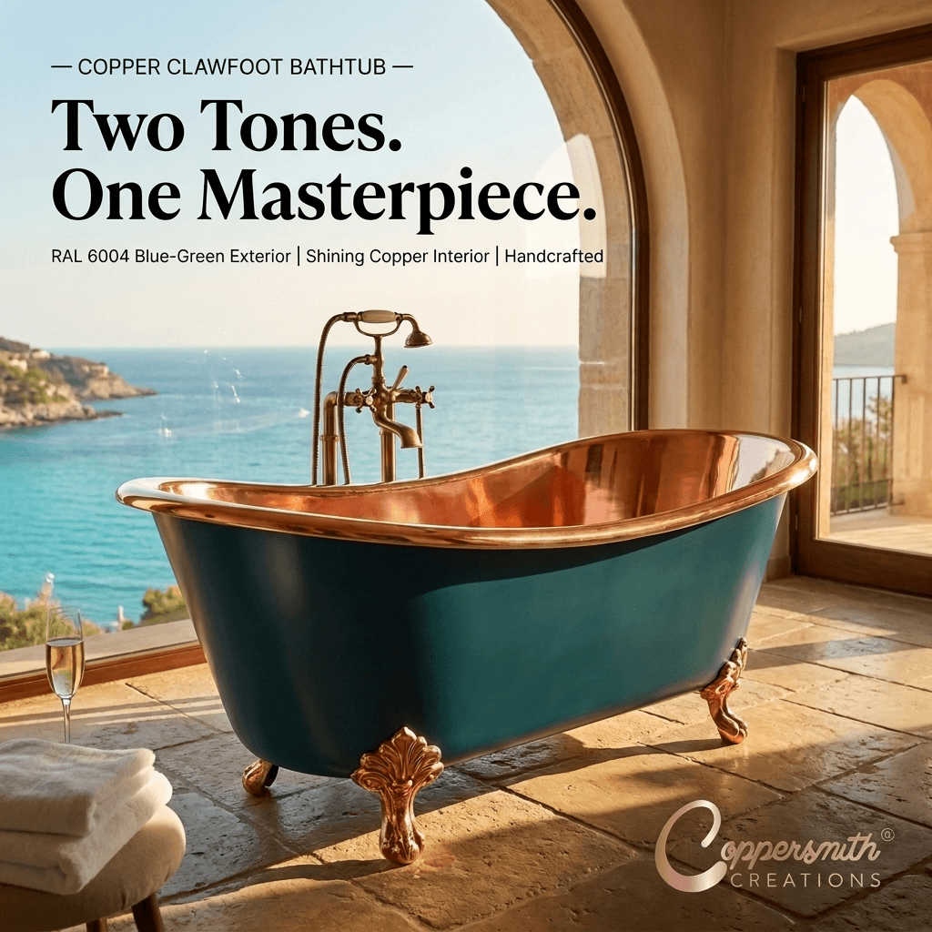 Copper Bathtub RAL 6004 Blue-Green Exterior & Copper Clawfoot Legs