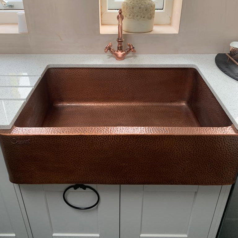 Single Bowl Hammered Front Apron Copper Kitchen Sink Antique Finish