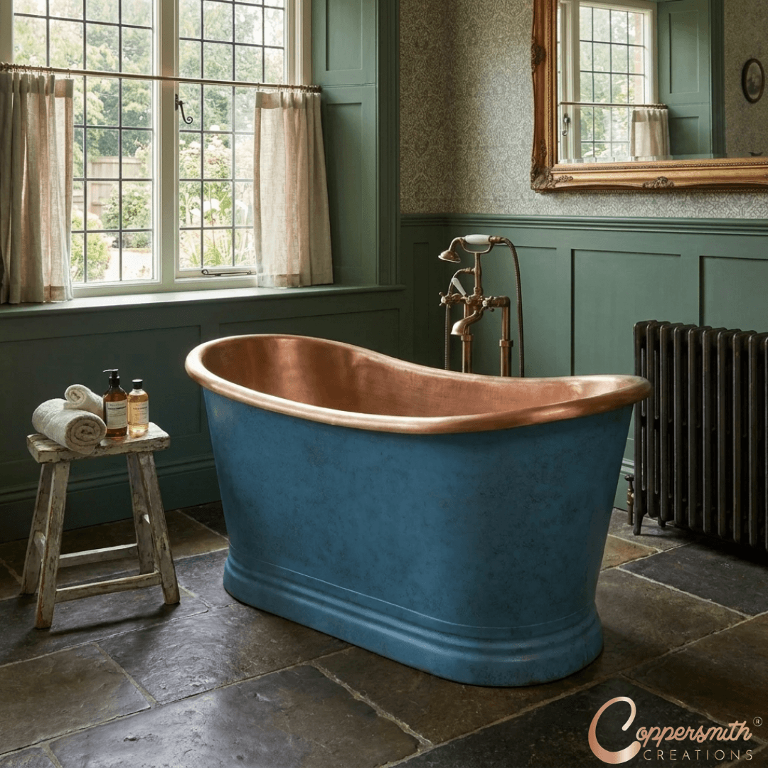 Slanted Cascading Base Copper Bathtub Verdigris Blue Patina Exterior & Antique Finish Interior