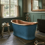 Load image into Gallery viewer, Slanted Cascading Base Copper Bathtub Verdigris Blue Patina Exterior &amp; Antique Finish Interior

