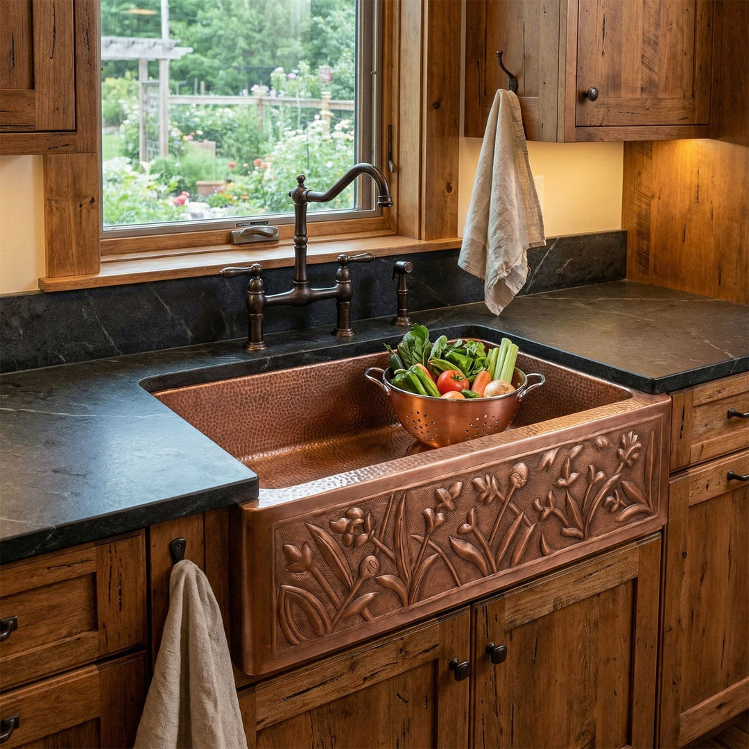 Single Bowl Flower Front Apron Copper Kitchen Sink