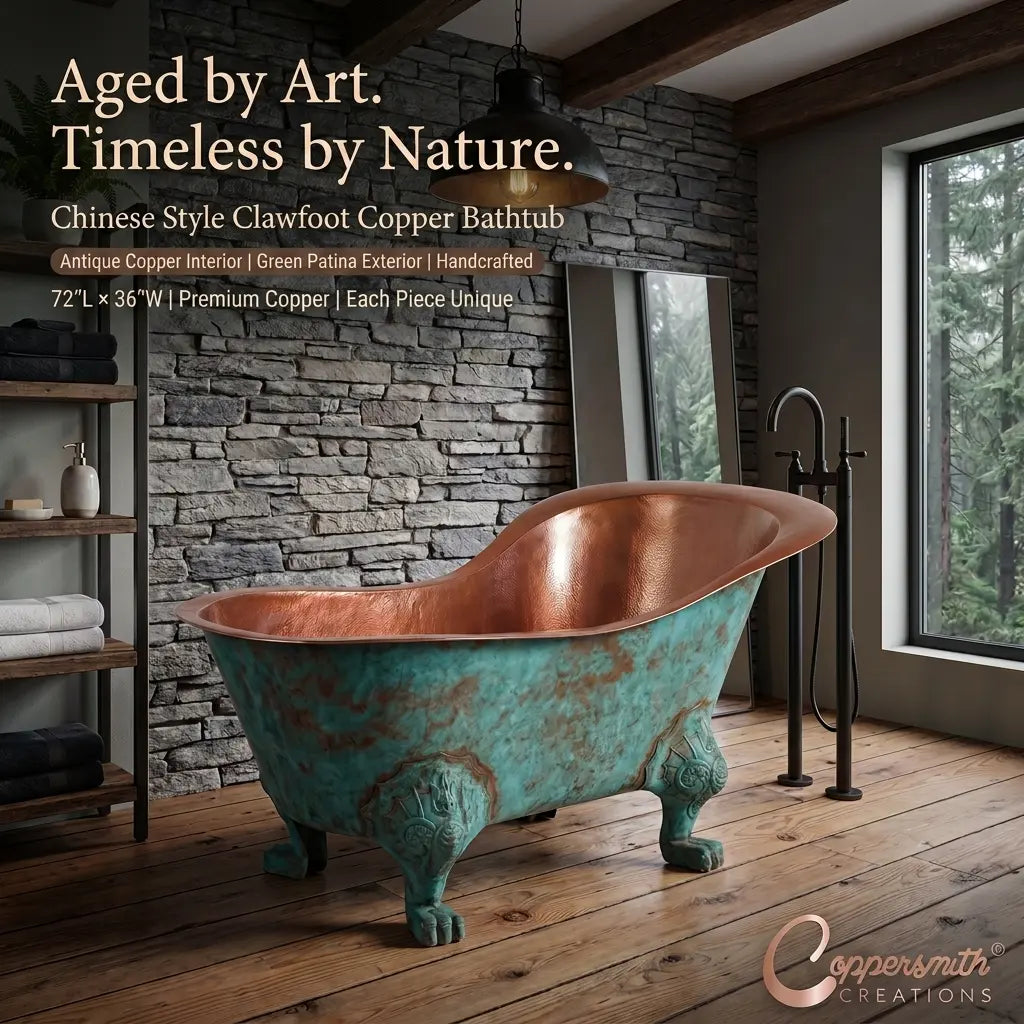Chinese Style Clawfoot Copper Bathtub Antique Copper Interior Patina Exterior