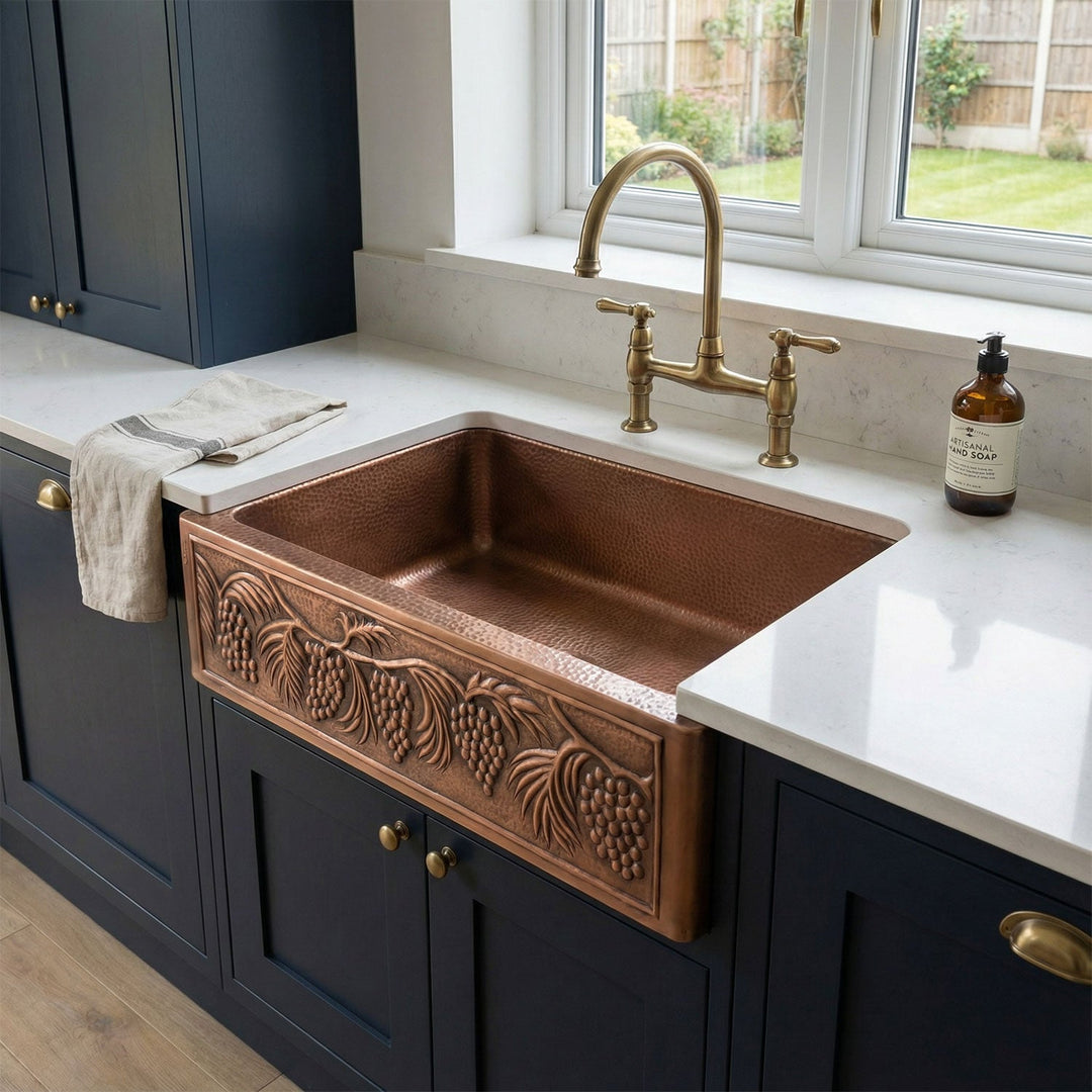 Single Bowl Five Grape Front Apron Copper Kitchen Sink