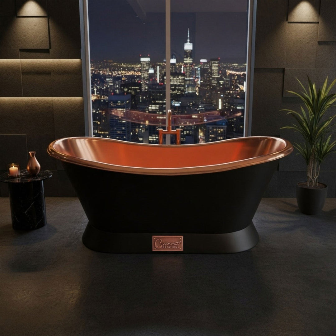 Slanting Base Copper Bathtub Full Black Exterior
