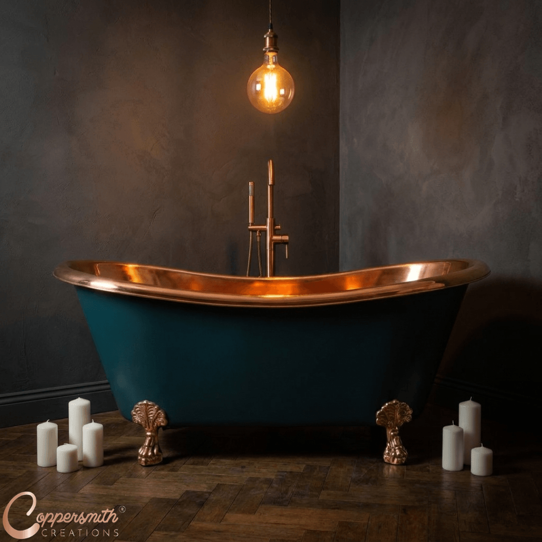Copper Bathtub RAL 6004 Blue-Green Exterior & Copper Clawfoot Legs