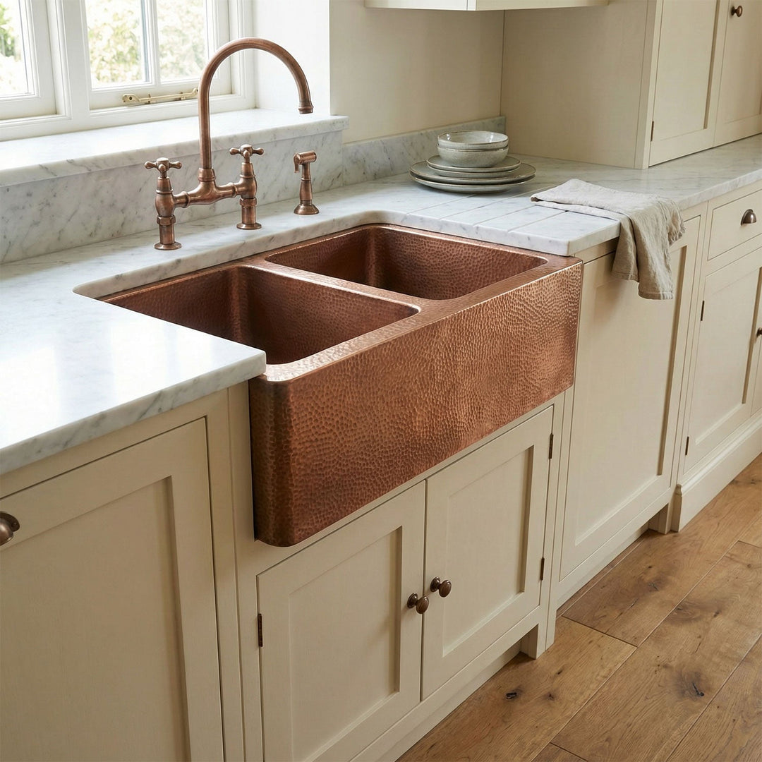 Double Bowl Hammered Front Apron Copper Kitchen Sink Antique Finish