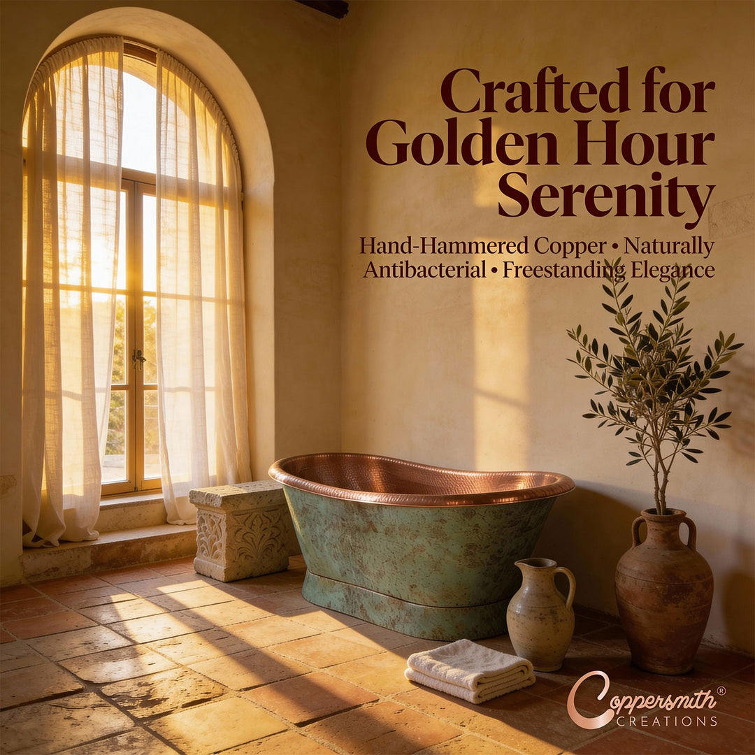 Slanting Base Copper Bathtub Hammered Antique Copper Interior & Patina Exterior Finish