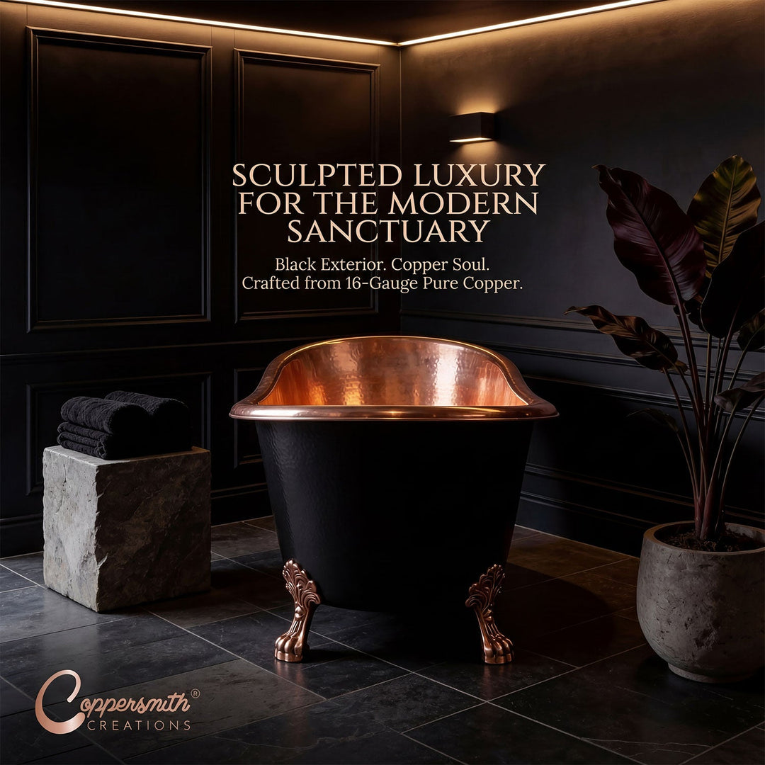 Hammered Clawfoot Copper Bathtub Copper Interior & Black Exterior