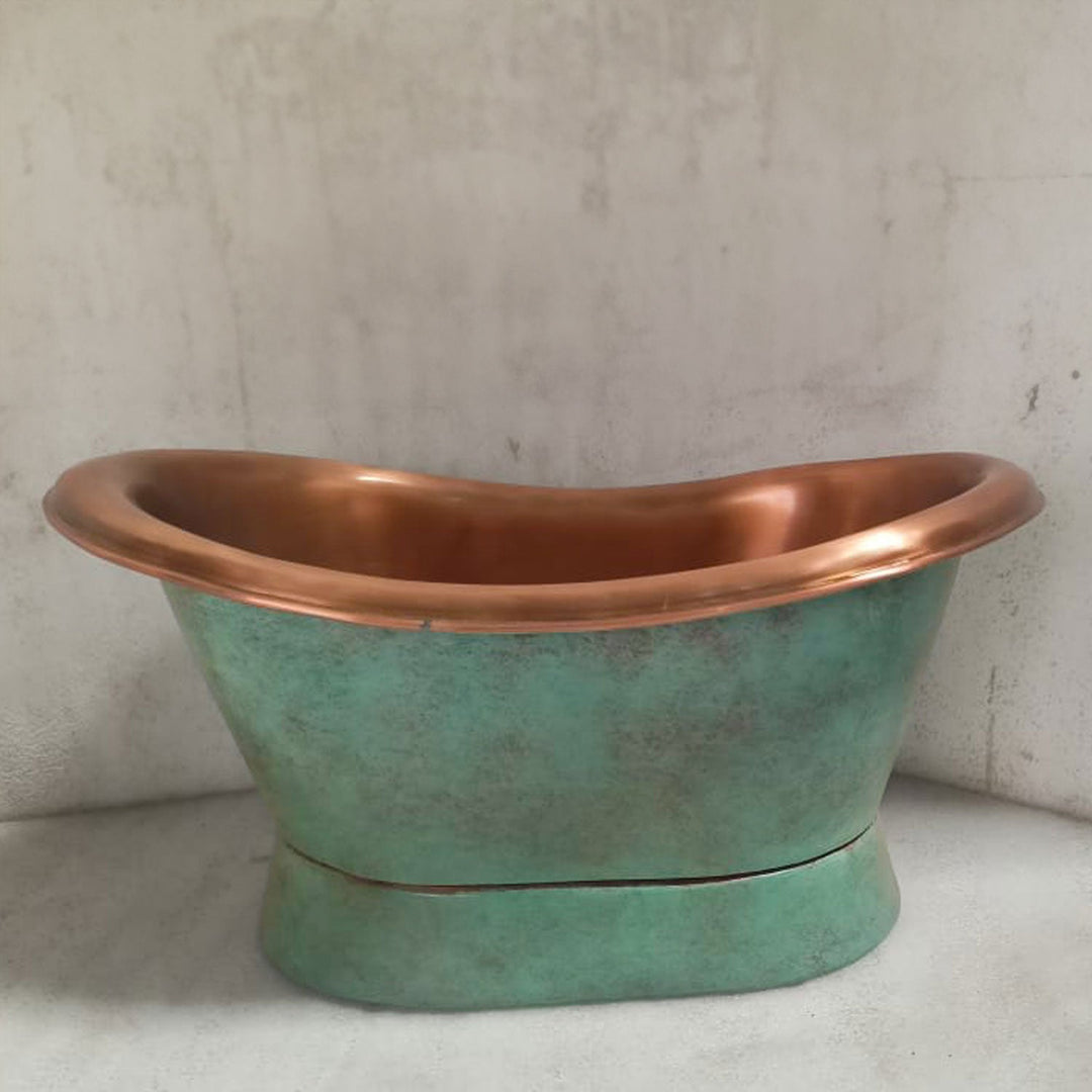 Slanting Base Copper Tub Style Sink Antique Finish Copper Inside & Patina Outside