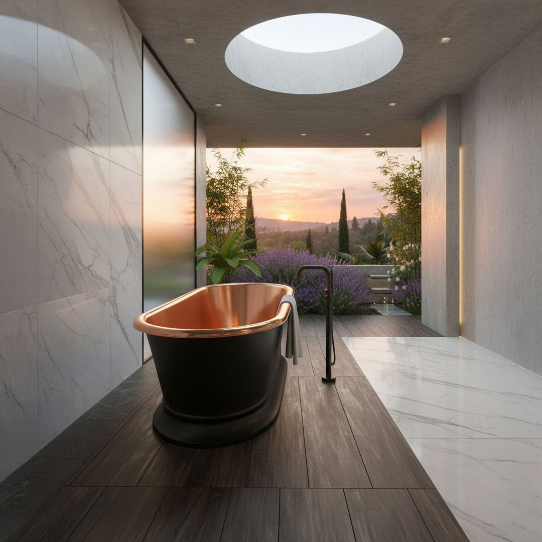 Pedestal Copper Bathtub Black Exterior & Polished Copper Interior